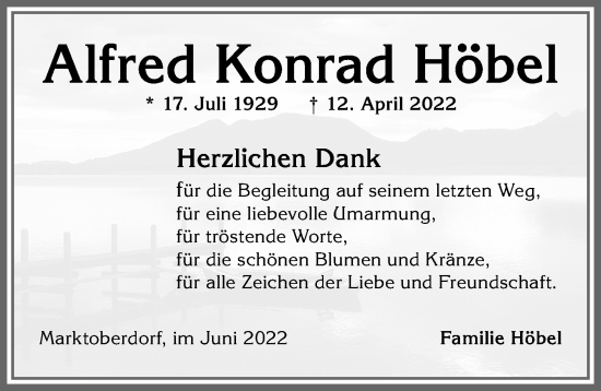 Traueranzeige von Alfred Konrad Höbel von Allgäuer Zeitung, Marktoberdorf
