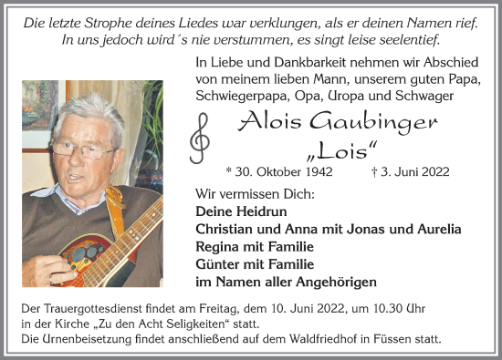 Traueranzeige von Alois Gaubinger von Allgäuer Zeitung, Füssen
