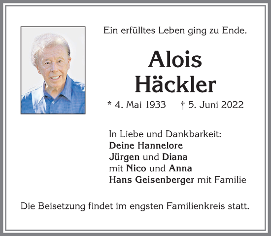 Traueranzeige von Alois Häckler von Allgäuer Zeitung,Kempten