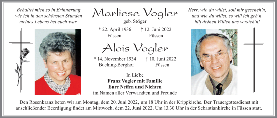 Traueranzeige von Alois Vogler von Allgäuer Zeitung, Füssen