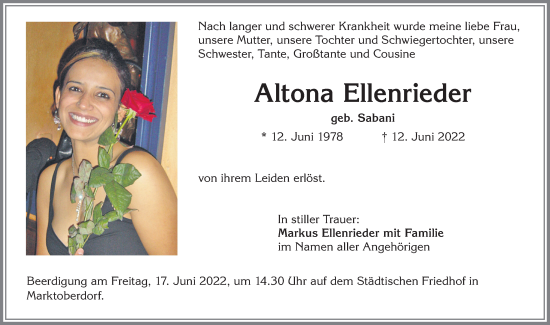 Traueranzeige von Altona Ellenrieder von Allgäuer Zeitung, Marktoberdorf