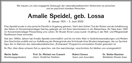 Traueranzeige von Amalie Speidel von Mindelheimer Zeitung, Augsburger Allgemeine