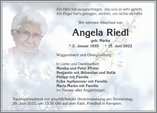 Traueranzeige von Angela Riedl von Allgäuer Zeitung, Marktoberdorf