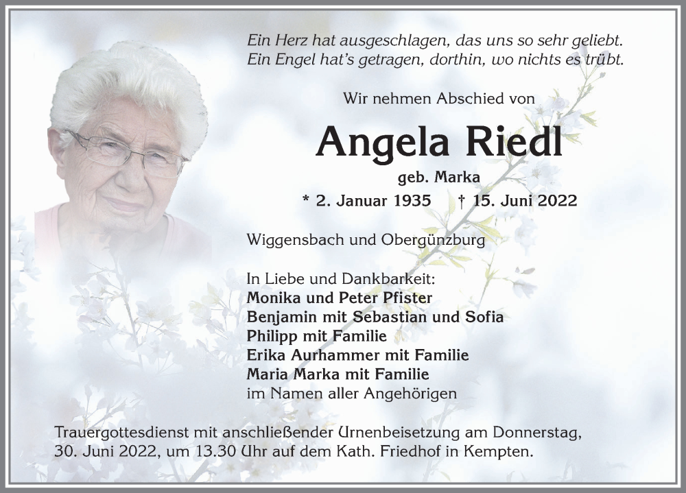  Traueranzeige für Angela Riedl vom 25.06.2022 aus Allgäuer Zeitung, Marktoberdorf
