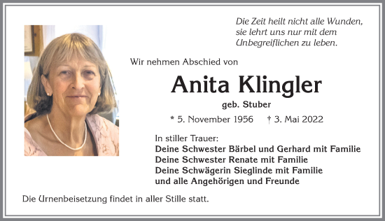 Traueranzeige von Anita Klingler von Allgäuer Zeitung, Marktoberdorf