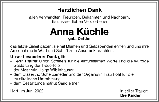 Traueranzeige von Anna Küchle von Memminger Zeitung