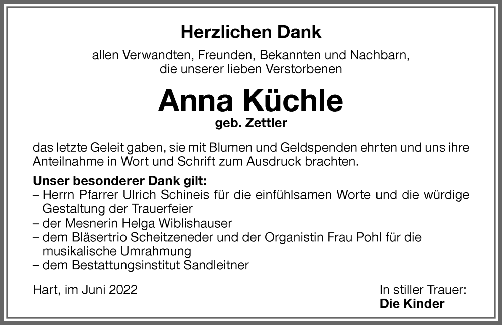  Traueranzeige für Anna Küchle vom 10.06.2022 aus Memminger Zeitung