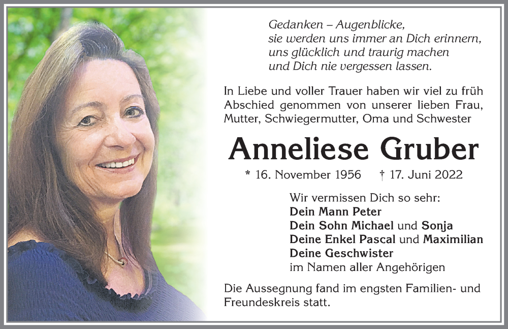  Traueranzeige für Anneliese Gruber vom 23.06.2022 aus Allgäuer Zeitung,Kempten