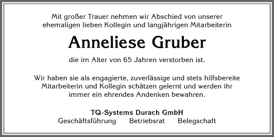 Traueranzeige von Anneliese Gruber von Allgäuer Zeitung,Kempten