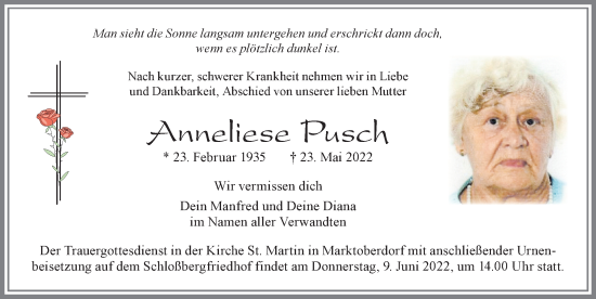 Traueranzeige von Anneliese Pusch von Allgäuer Zeitung, Marktoberdorf