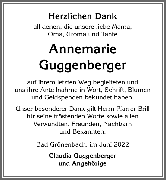 Traueranzeige von Annemarie Guggenberger von Memminger Zeitung