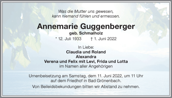 Traueranzeige von Annemarie Guggenberger von Memminger Zeitung