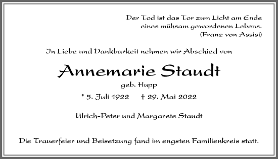 Traueranzeige von Annemarie Staudt von Allgäuer Zeitung, Marktoberdorf