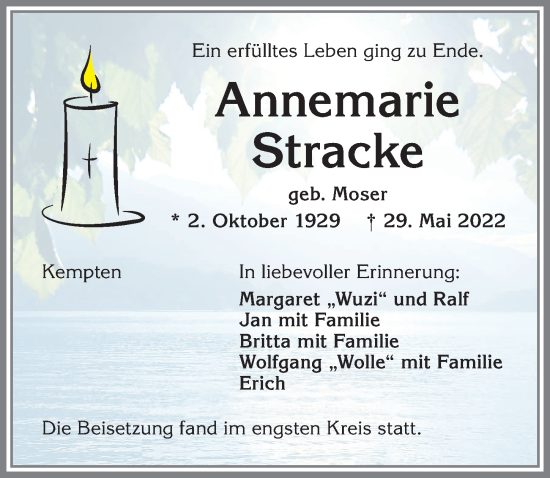 Traueranzeige von Annemarie Stracke von Allgäuer Zeitung,Kempten