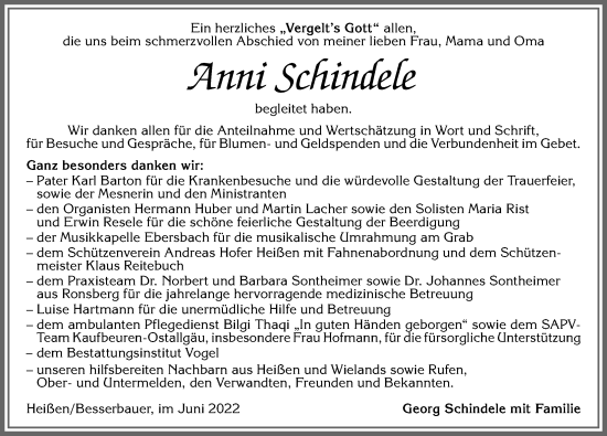 Traueranzeige von Anni Schindele von Allgäuer Zeitung, Marktoberdorf