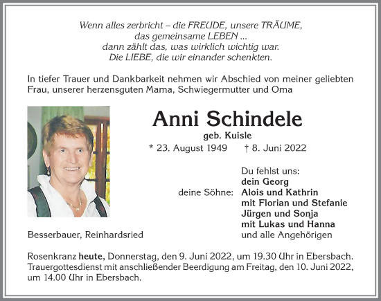 Traueranzeige von Anni Schindele von Allgäuer Zeitung, Marktoberdorf