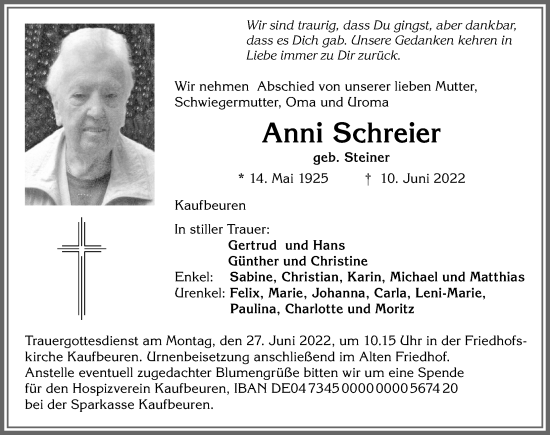 Traueranzeige von Anni Schreier von Allgäuer Zeitung, Kaufbeuren/Buchloe