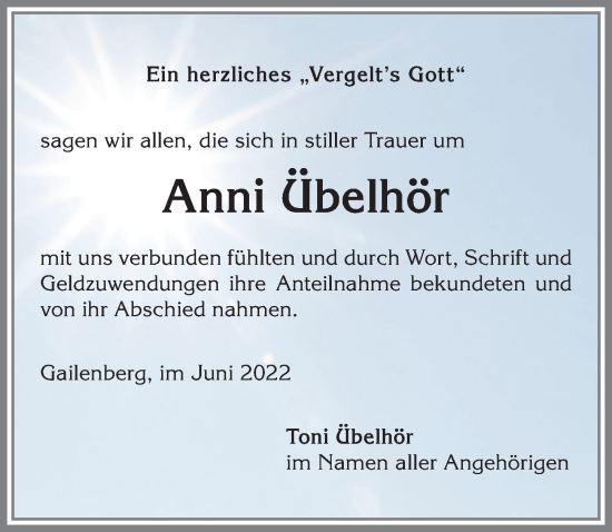 Traueranzeige von Anni Übelhör von Allgäuer Anzeigeblatt