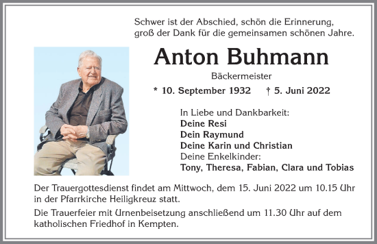Traueranzeige von Anton Buhmann von Allgäuer Zeitung,Kempten