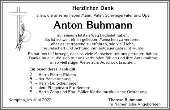 Traueranzeige von Anton Buhmann von Allgäuer Zeitung,Kempten