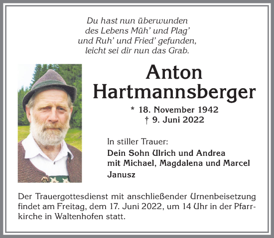Traueranzeige von Anton Hartmannsberger von Allgäuer Zeitung,Kempten