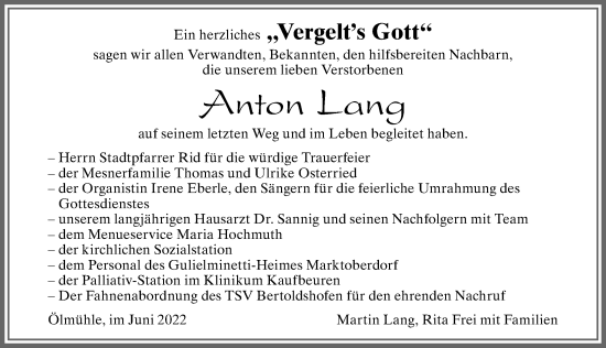 Traueranzeige von Anton Lang von Allgäuer Zeitung, Marktoberdorf