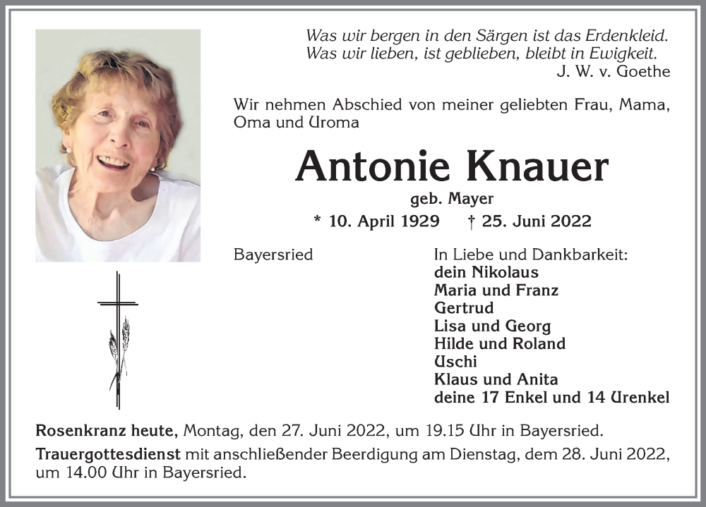 Traueranzeige für Antonie Knauer vom 27.06.2022 aus Allgäuer Zeitung, Marktoberdorf