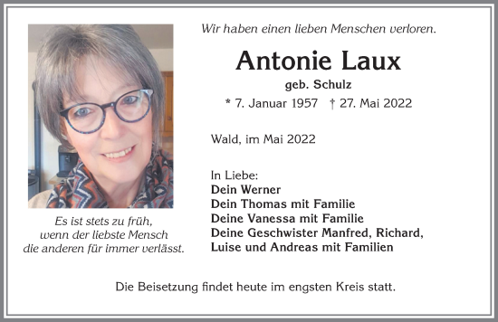 Traueranzeige von Antonie Laux von Allgäuer Zeitung, Marktoberdorf
