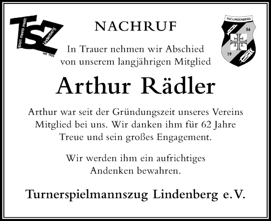 Traueranzeige von Arthur Rädler von Der Westallgäuer