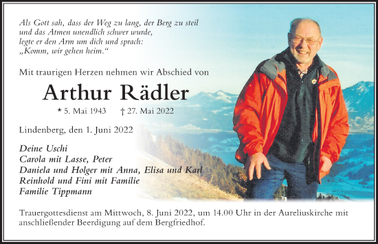 Traueranzeige von Arthur Rädler von Der Westallgäuer