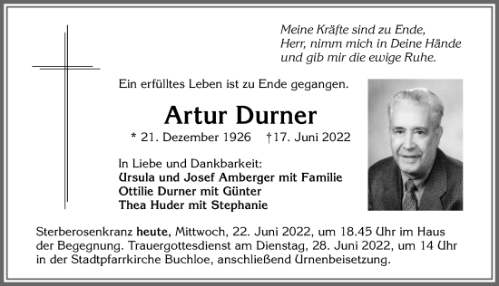 Traueranzeige von Artur Durner von Allgäuer Zeitung, Kaufbeuren/Buchloe