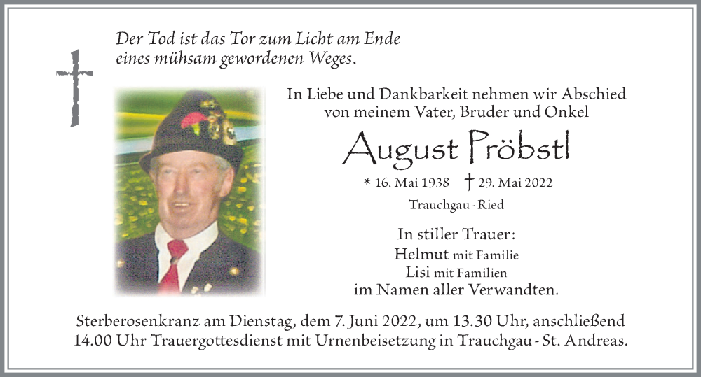  Traueranzeige für August Pröbstl vom 02.06.2022 aus Allgäuer Zeitung, Füssen