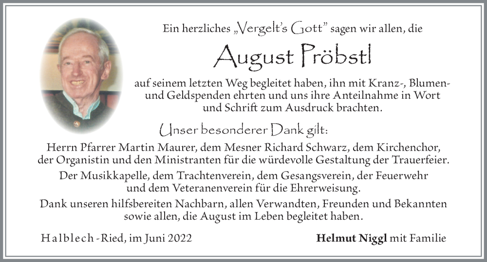  Traueranzeige für August Pröbstl vom 21.06.2022 aus Allgäuer Zeitung, Füssen