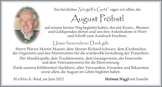 Traueranzeige von August Pröbstl von Allgäuer Zeitung, Füssen
