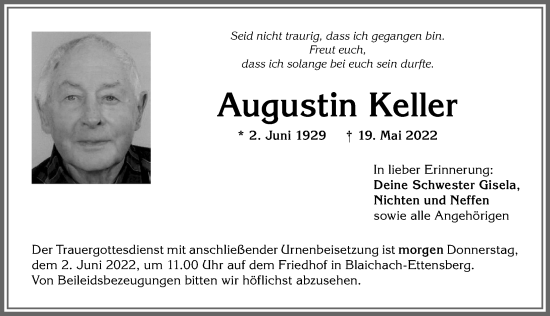 Traueranzeige von Augustin Keller von Allgäuer Anzeigeblatt