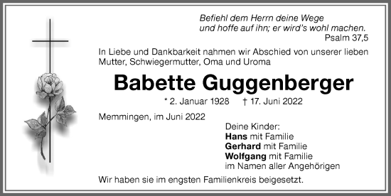 Traueranzeige von Babette Guggenberger von Memminger Zeitung