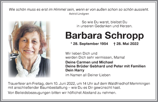 Traueranzeige von Barbara Schropp von Memminger Zeitung