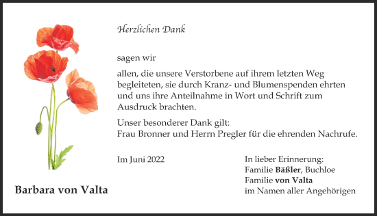 Traueranzeige von Barbara von Valta von Augsburger Allgemeine, Mindelheimer Zeitung