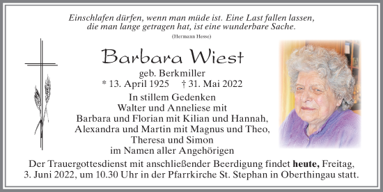 Traueranzeige von Barbara Wiest von Allgäuer Zeitung, Marktoberdorf