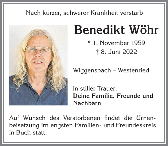 Traueranzeige von Benedikt Wöhr von Allgäuer Zeitung,Kempten