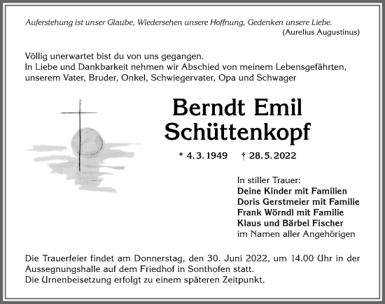 Traueranzeige von Berndt Emil Schüttenkopf von Allgäuer Anzeigeblatt