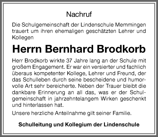 Traueranzeige von Bernhard Brodkorb von Memminger Zeitung