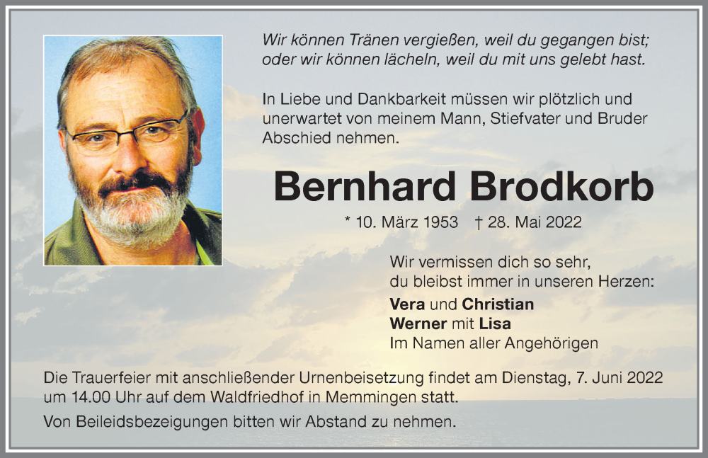  Traueranzeige für Bernhard Brodkorb vom 02.06.2022 aus Memminger Zeitung