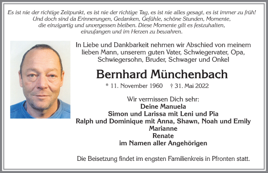 Traueranzeige von Bernhard Münchenbach von Allgäuer Zeitung, Füssen