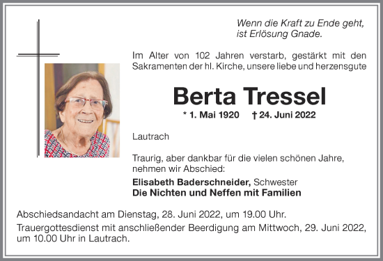 Traueranzeige von Berta Tressel von Memminger Zeitung