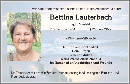 Traueranzeige von Bettina Lauterbach von Allgäuer Zeitung, Füssen