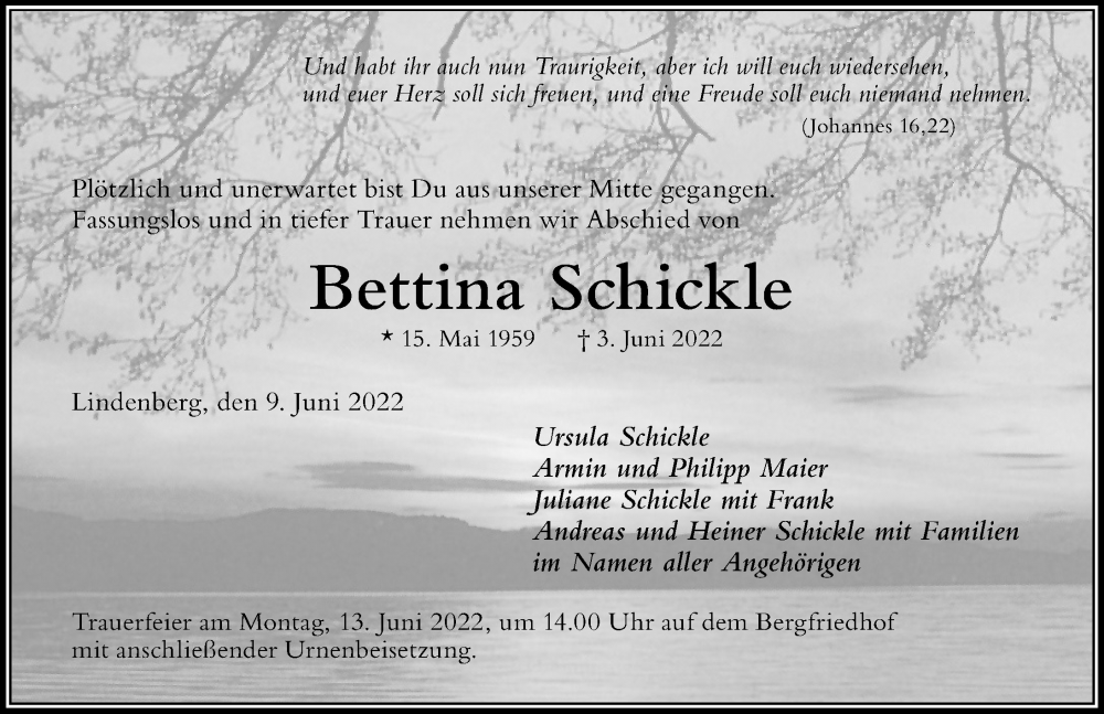  Traueranzeige für Bettina Schickle vom 09.06.2022 aus Der Westallgäuer