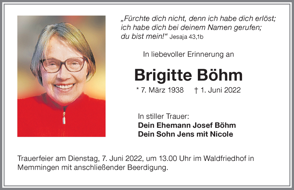  Traueranzeige für Brigitte Böhm vom 04.06.2022 aus Memminger Zeitung