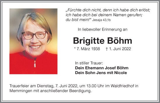 Traueranzeige von Brigitte Böhm von Memminger Zeitung