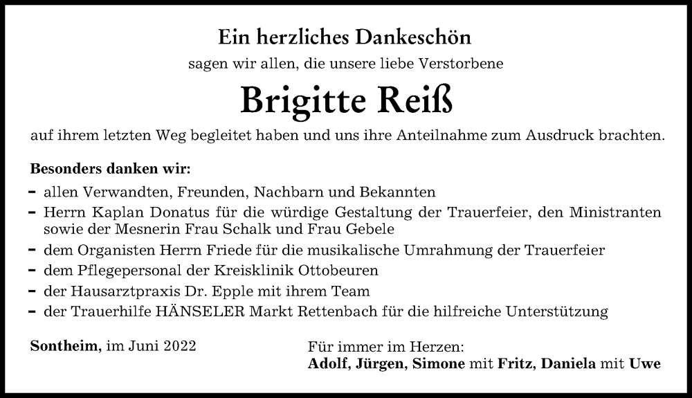  Traueranzeige für Brigitte Reiß vom 21.06.2022 aus Memminger Zeitung